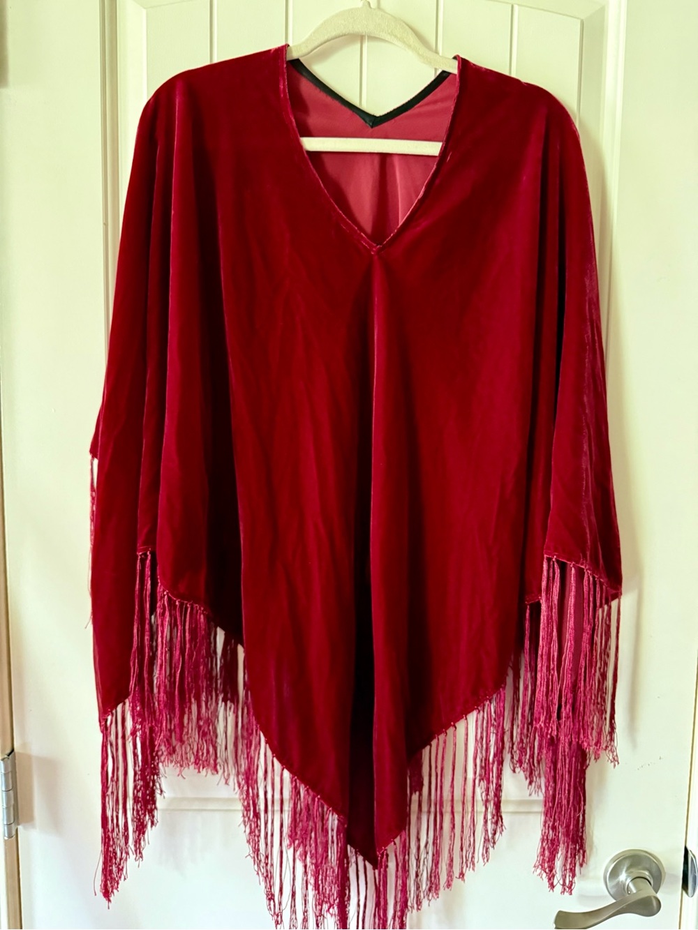 Women's Velvet Fringe Poncho Sweater - Deep Red